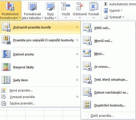 Excel podmíněné formátování hlavní nabídka