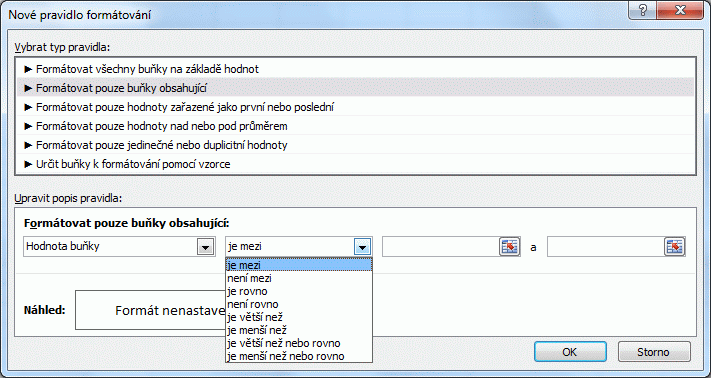 Excel podmíněné formátování číselné údaje