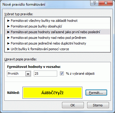 Excel podmíněné formátování hodnoty první poslední
