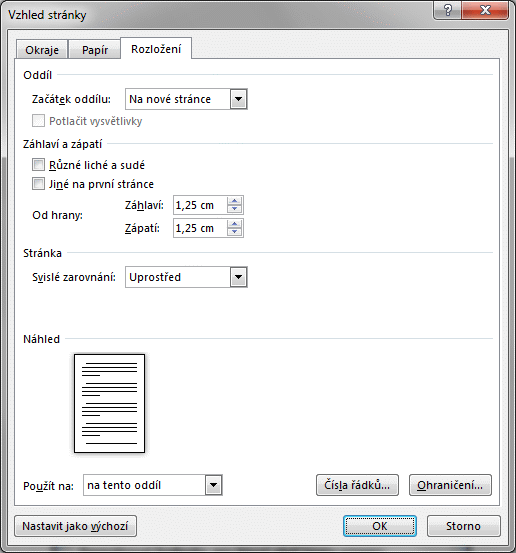 Word oddíly rozložení
